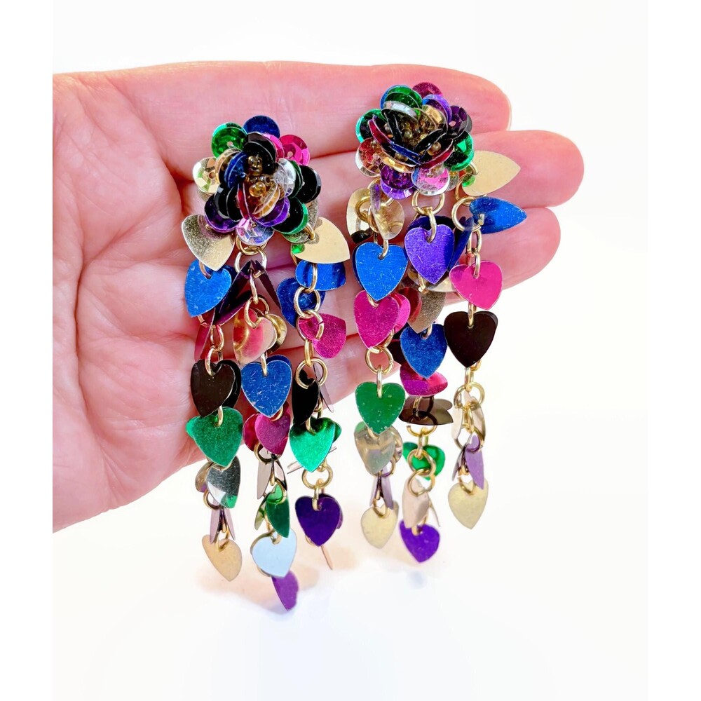 Vintage Rainbow Earrings, Hearts, Sequins, 1980s, Purple, Fuchsia, Green